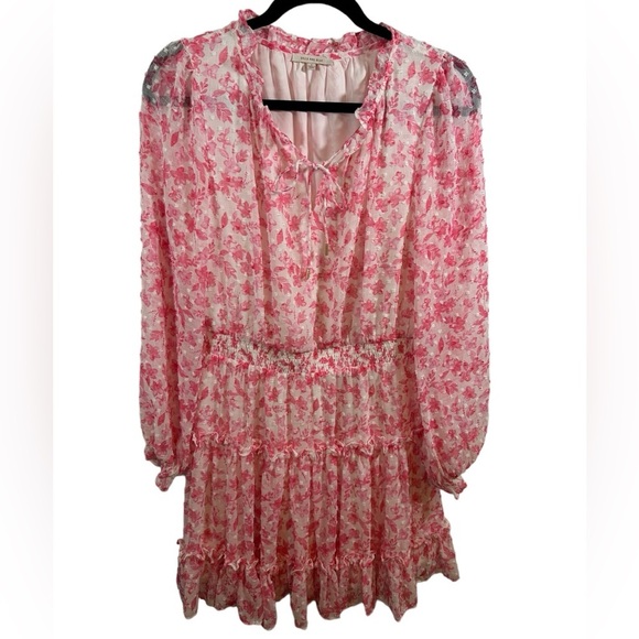 Skies Are Blue Spring Forward Floral Tiered Dress Pink Chiffon Lined Pink White - Picture 1 of 5